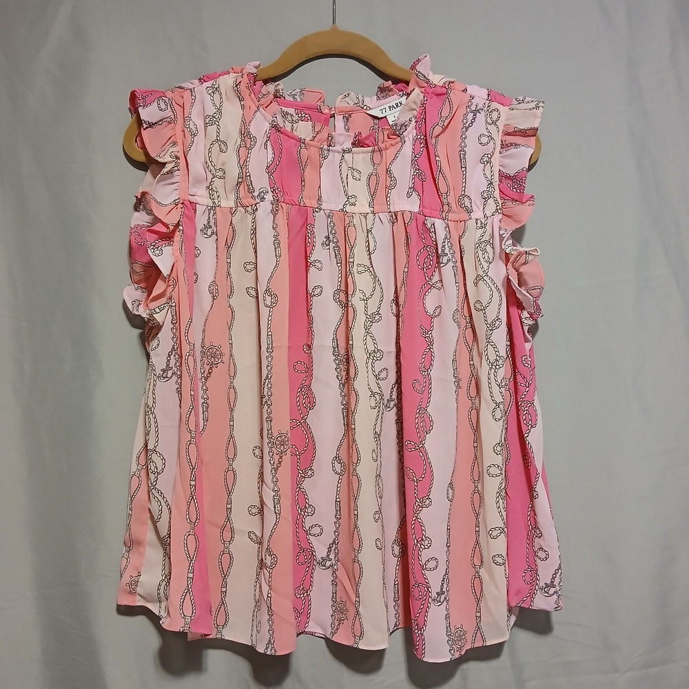 77 Park Pink‎ Nautical Rope Print Sleeveless Ruffle Blouse Top - L